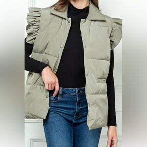 Women's Ruffled Sleeve Puffer Vest - Sage Green.